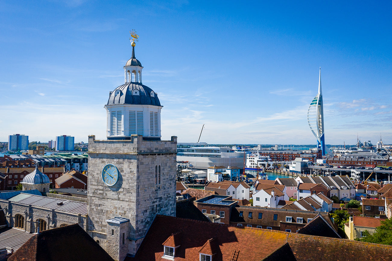 ‘Portsmouth Cathedral and the Spinnaker Tower’ aerial drone photo print