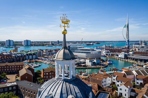 ‘The Golden Barque atop the Portsmouth Cathedral’ aerial drone photo print