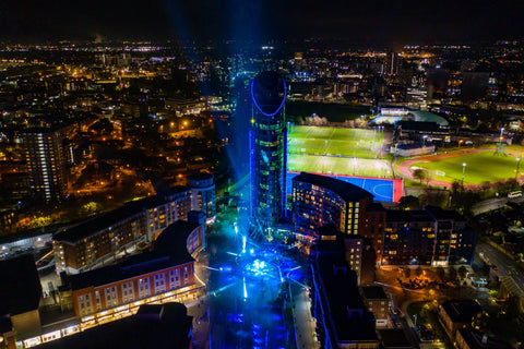 ‘East Side Plaza Num. 1 tower in Gunwharf Quays with blue lighting’ aerial drone photo print